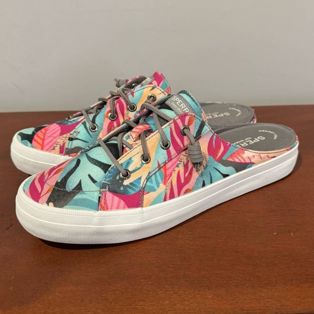 Sperry Pink and Blue Slip-On Sneakers with Tropical Print